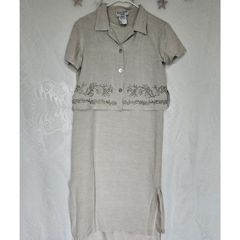 Plaza South Petite Vintage Size 6 Lined Linen Floral Embroidered Dress & Jacket